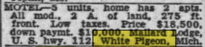 Little Country Inn (White Pigeon Motel) - Sep 1953 Mallard Lodge For Sale